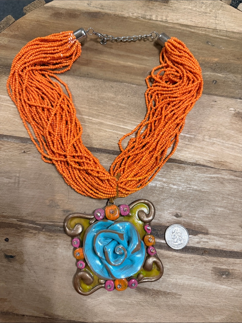 Handcrafted Orange Beaded Clay Necklace with Turquoise Rose Pendant